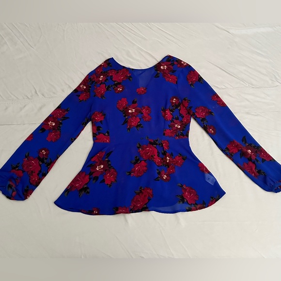 Sheer Peplum Blue Floral Blouse Tie-Back Elastic Waist Size Small - Picture 1 of 7